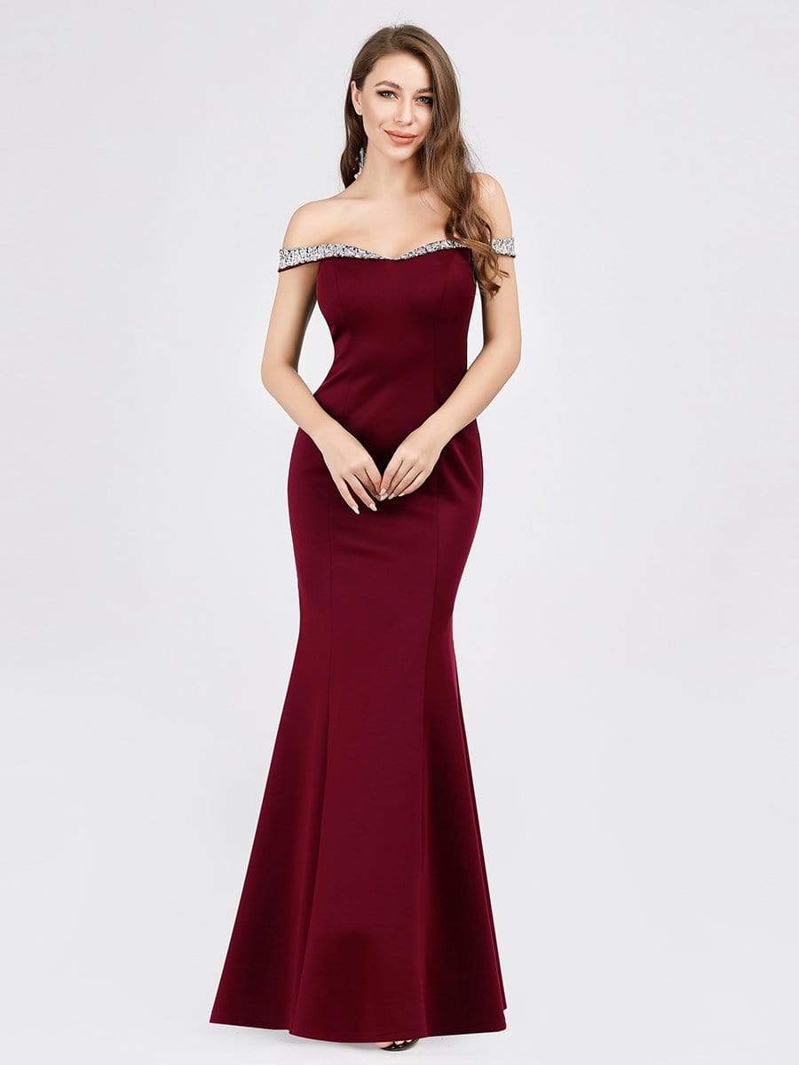 Color=Burgundy | Women'S Off Shoulder Bodycon Mermaid Dress Maxi Evening Dress-Burgundy 3