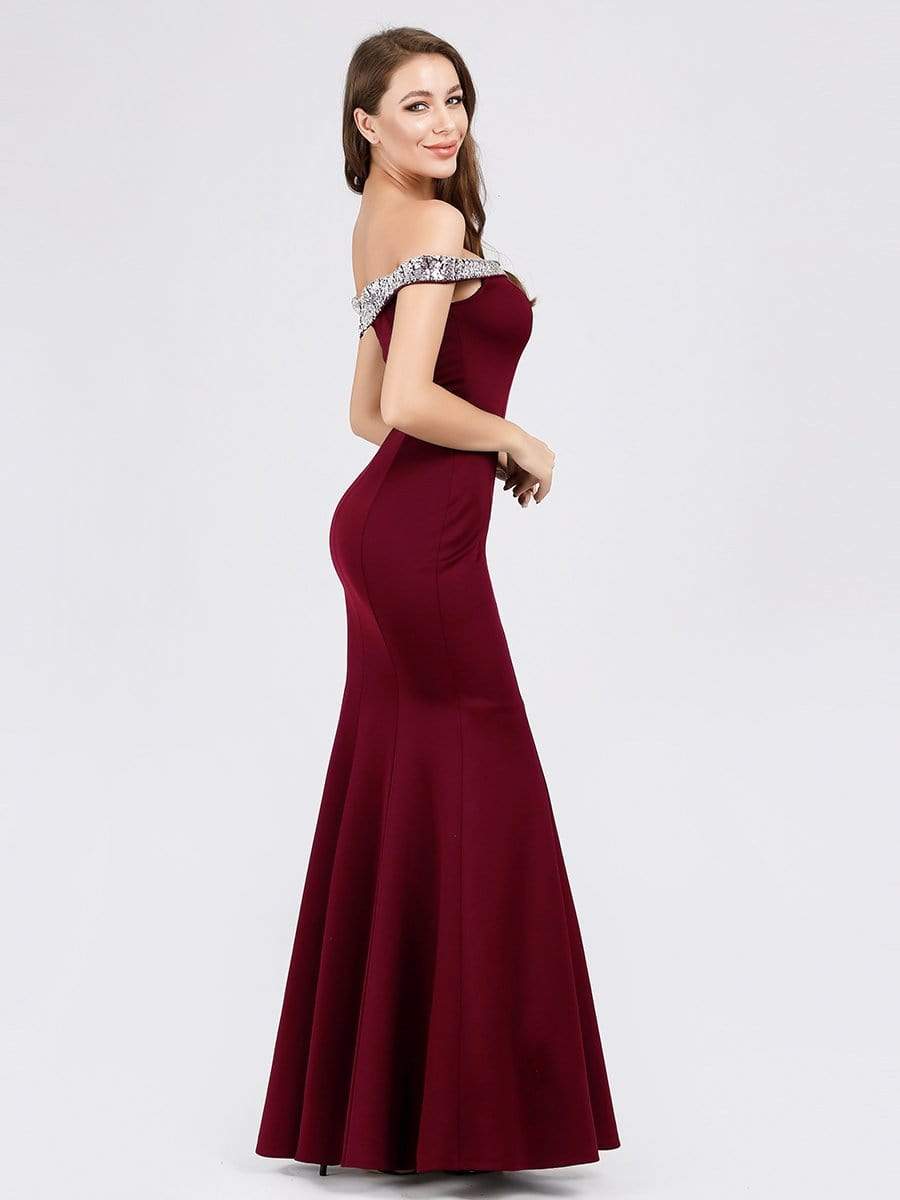 Color=Burgundy | Women'S Off Shoulder Bodycon Mermaid Dress Maxi Evening Dress-Burgundy 4