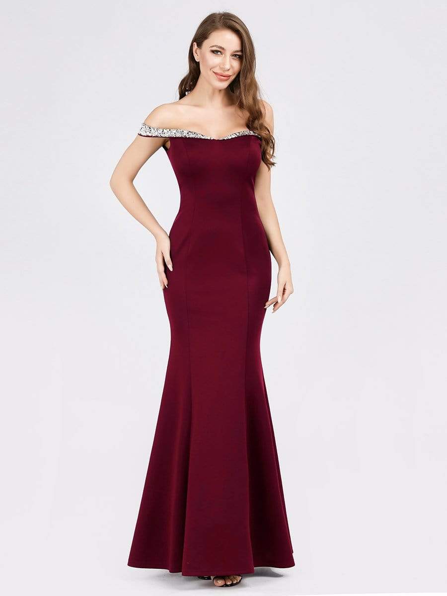 Color=Burgundy | Women'S Off Shoulder Bodycon Mermaid Dress Maxi Evening Dress-Burgundy 1