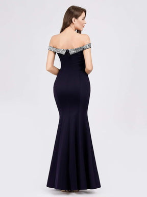 Color=Navy Blue | Women'S Off Shoulder Bodycon Mermaid Dress Maxi Evening Dress-Navy Blue 5