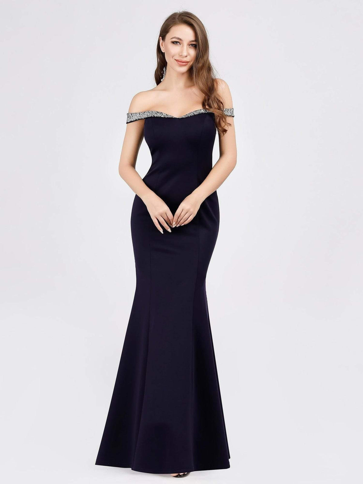 Color=Navy Blue | Women'S Off Shoulder Bodycon Mermaid Dress Maxi Evening Dress-Navy Blue 1
