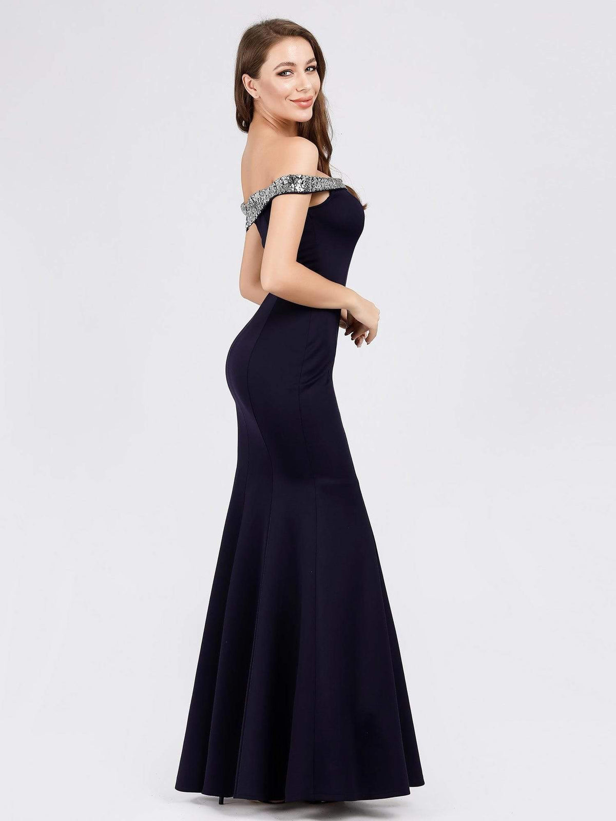 Color=Navy Blue | Women'S Off Shoulder Bodycon Mermaid Dress Maxi Evening Dress-Navy Blue 2
