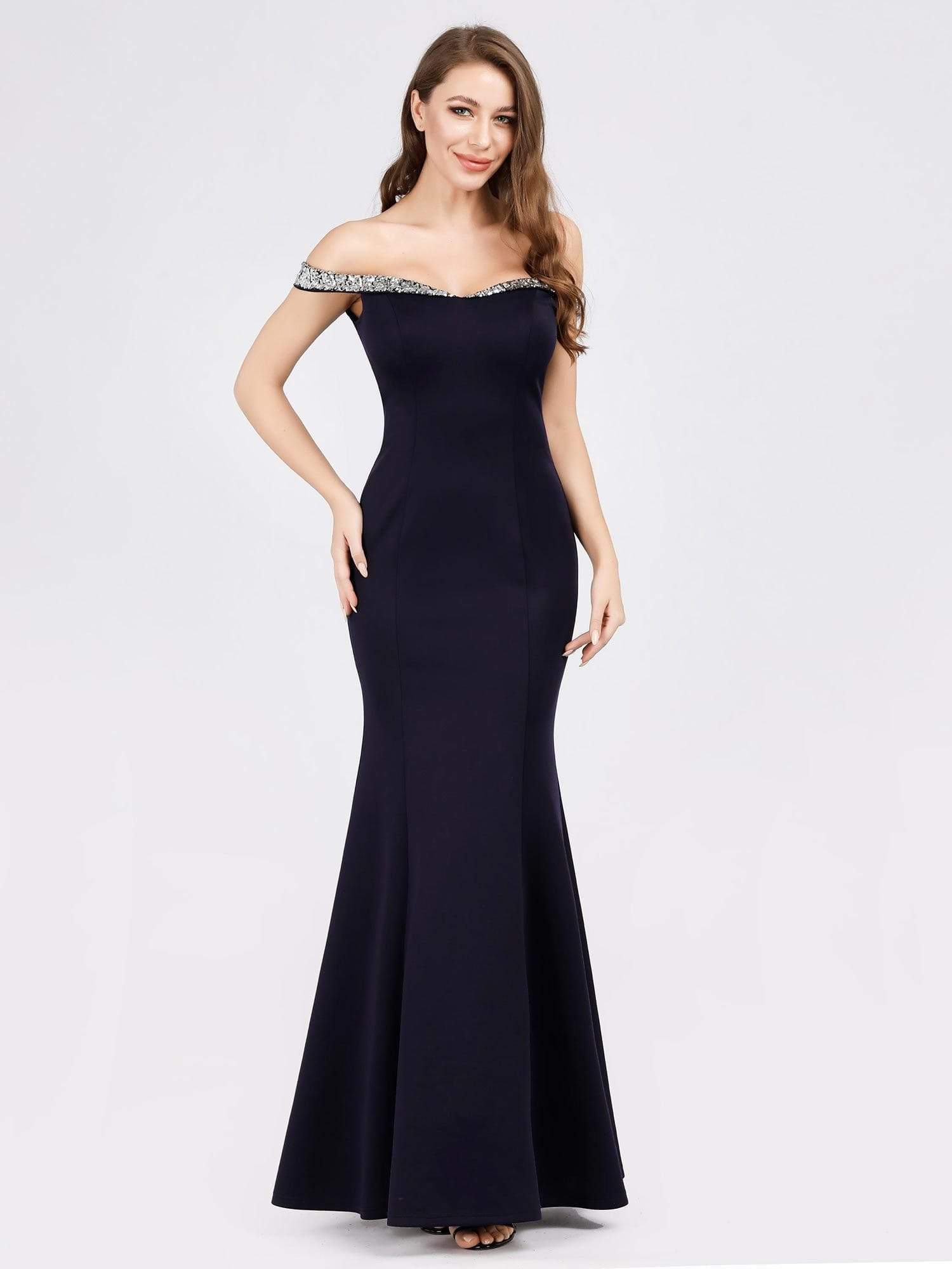 Color=Navy Blue | Women'S Off Shoulder Bodycon Mermaid Dress Maxi Evening Dress-Navy Blue 4