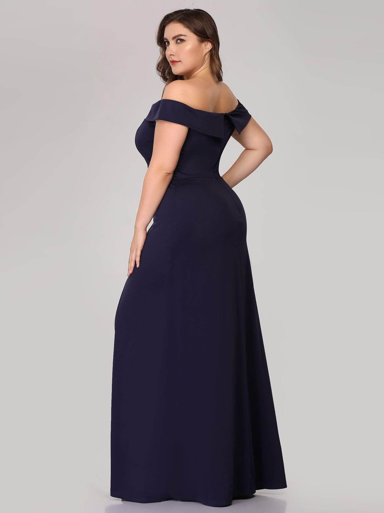 Color=Navy Blue | Women'S Off Shoulder Side Split Bodycon Evening Maxi Dress-Navy Blue 4