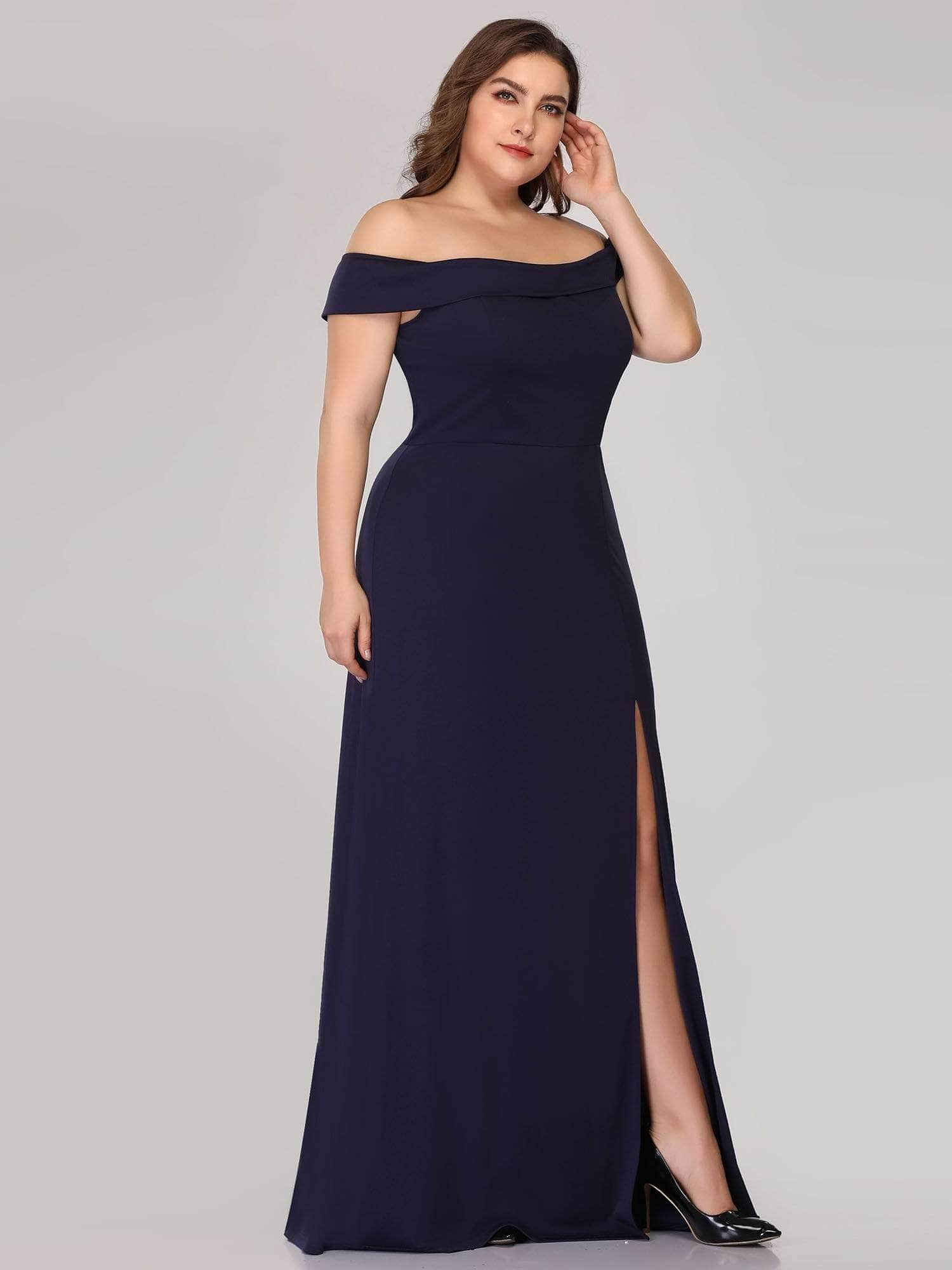 Color=Navy Blue | Women'S Off Shoulder Side Split Bodycon Evening Maxi Dress-Navy Blue 2
