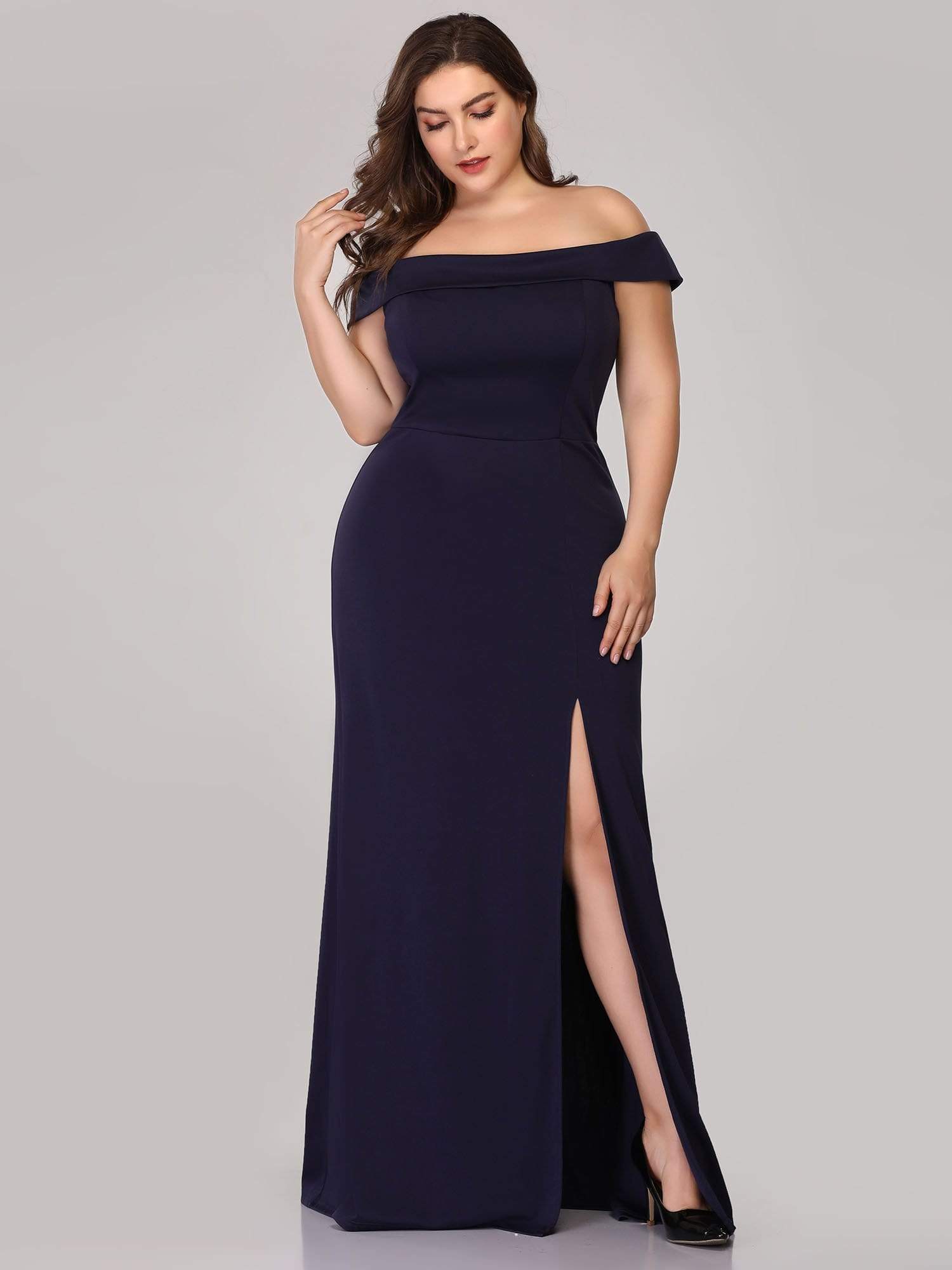 Color=Navy Blue | Women'S Off Shoulder Side Split Bodycon Evening Maxi Dress-Navy Blue 1