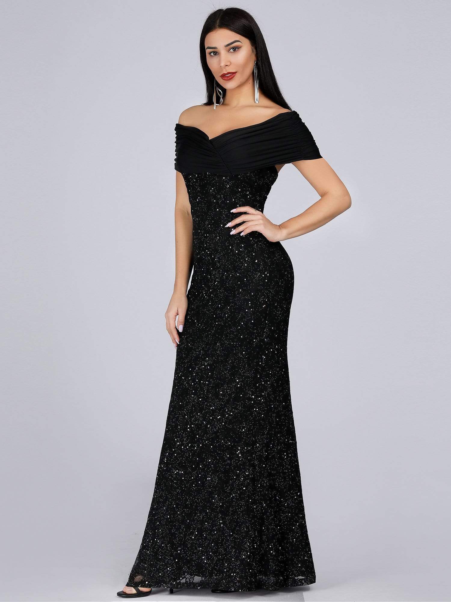 Color=Black | Classic Off Shoulder Floor Length Fishtail Evening Dress-Black 3