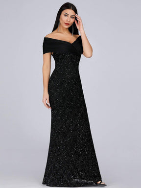 Color=Black | Classic Off Shoulder Floor Length Fishtail Evening Dress-Black 4