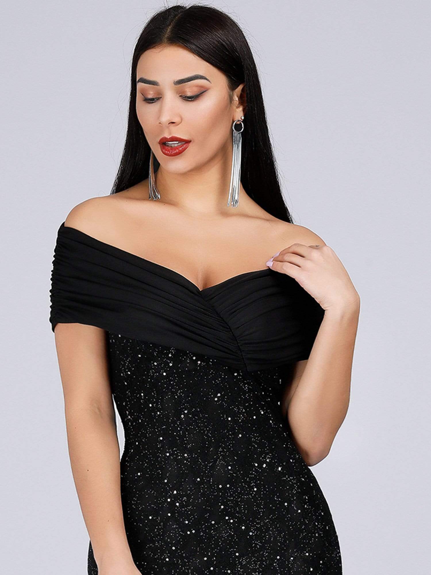 Color=Black | Classic Off Shoulder Floor Length Fishtail Evening Dress-Black 5