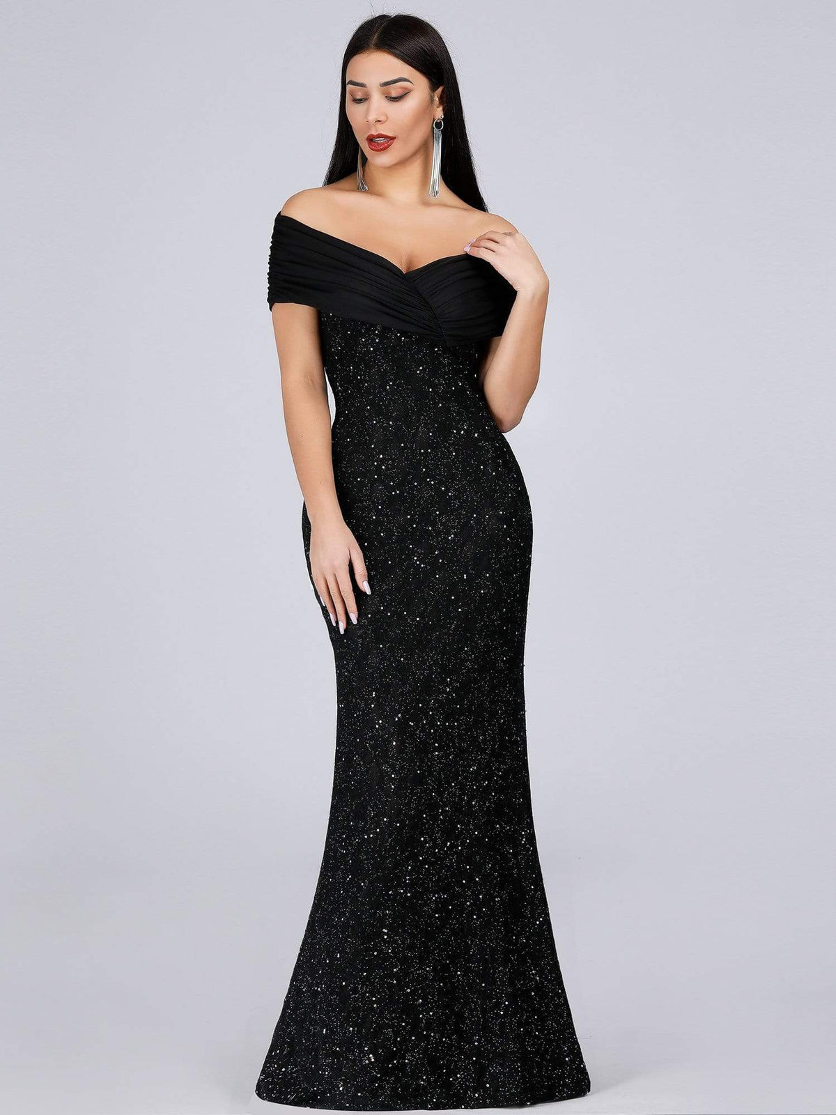 Color=Black | Classic Off Shoulder Floor Length Fishtail Evening Dress-Black 1