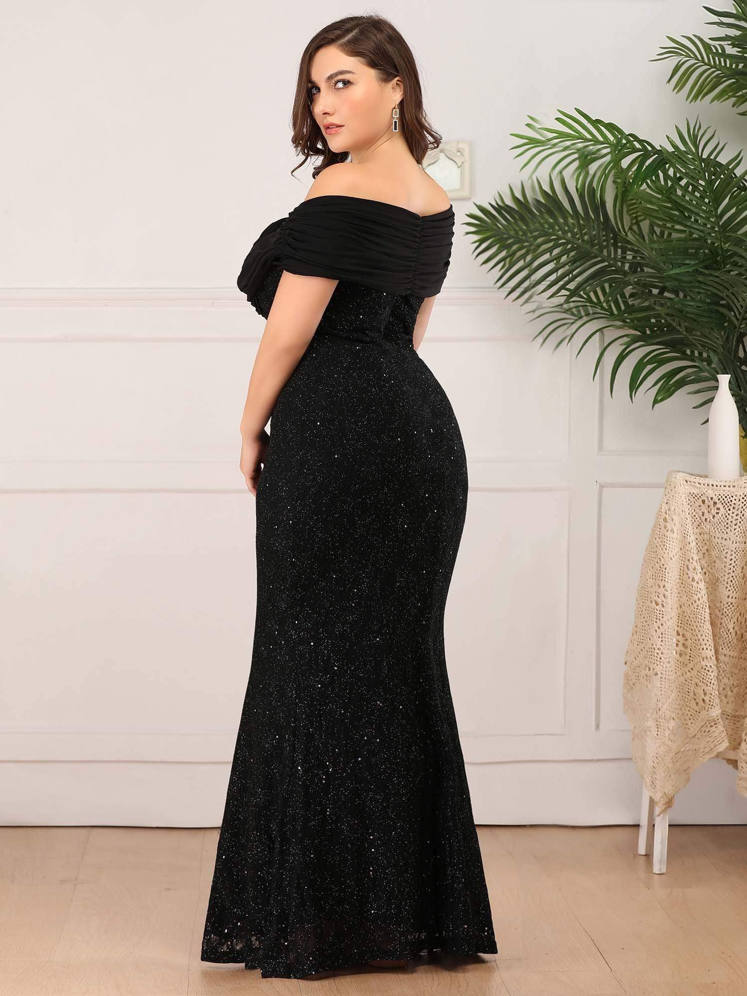Color=Black | Plus Size Classic Off Shoulder Floor Length Fishtail Evening Dress-Black 2