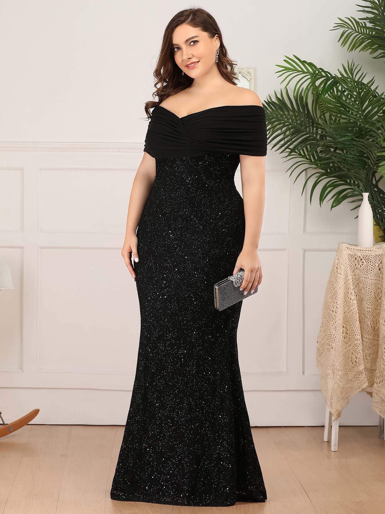 plus size black fishtail dress Glamorous Black Sequins Plus Size Evening Dresses 2025 Trumpet / Mermaid V-Neck Short Sleeve Backless Evening Party Floor-Length / Long Formal Dresses