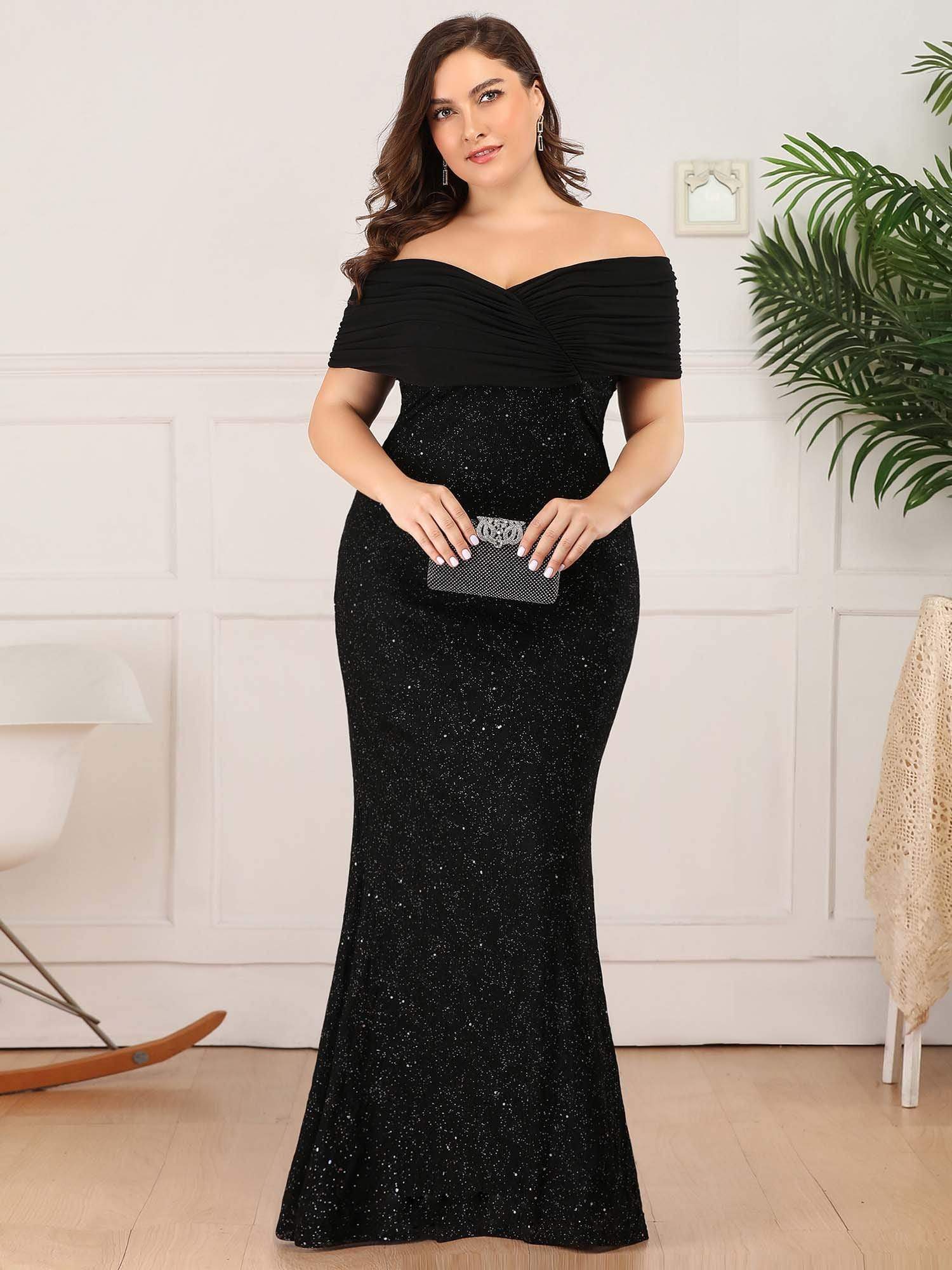 Color=Black | Plus Size Classic Off Shoulder Floor Length Fishtail Evening Dress-Black 4