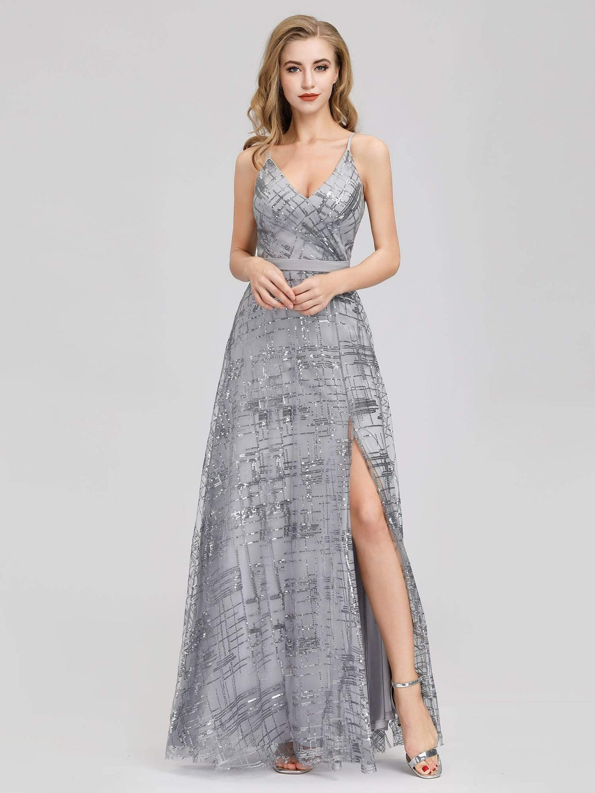 Color=Grey | V-Neck Floor Length Evening Dress With Thigh High Slit-Grey 1