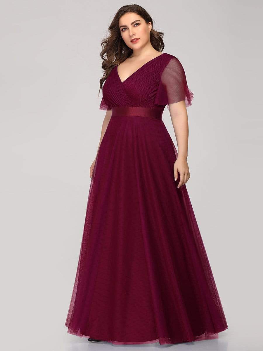 COLOR=Burgundy | Women'S Floor-Length Plus Size Bridesmaid Dress With Short Sleeve-Burgundy 3
