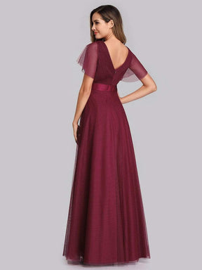 Color=Burgundy | Women'S V-Neck A-Line Short Sleeve Floor-Length Bridesmaid Dress-Burgundy 4