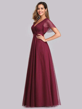 Color=Burgundy | Women'S V-Neck A-Line Short Sleeve Floor-Length Bridesmaid Dress-Burgundy 7