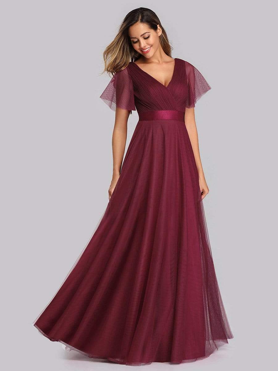 Color=Burgundy | Women'S V-Neck A-Line Short Sleeve Floor-Length Bridesmaid Dress-Burgundy 3