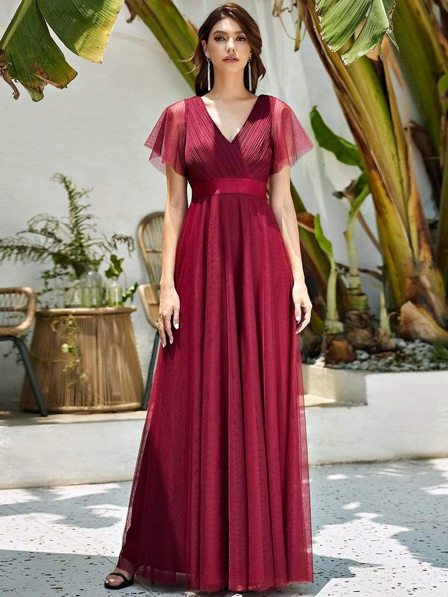Color=Burgundy | Women'S V-Neck A-Line Short Sleeve Floor-Length Bridesmaid Dress-Burgundy 1
