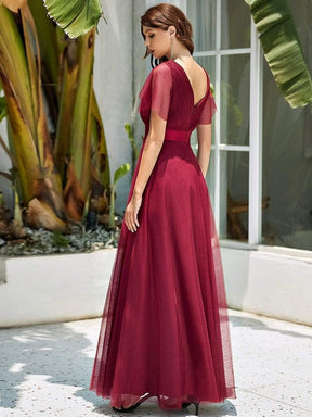 Color=Burgundy | Women'S V-Neck A-Line Short Sleeve Floor-Length Bridesmaid Dress-Burgundy 2