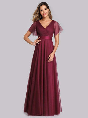Color=Burgundy | Women'S V-Neck A-Line Short Sleeve Floor-Length Bridesmaid Dress-Burgundy 6