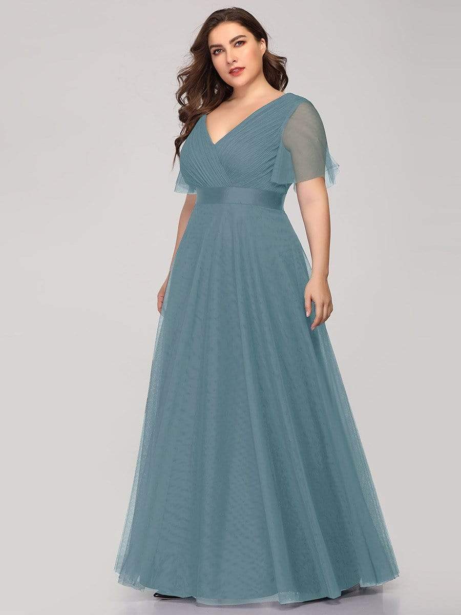 Color=Dusty Blue | Plus Size Women'S V-Neck A-Line Short Sleeve Floor-Length Bridesmaid Dress-Dusty Blue 5