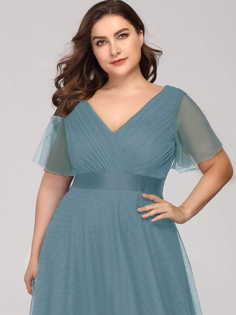 Color=Dusty Blue | Plus Size Women'S V-Neck A-Line Short Sleeve Floor-Length Bridesmaid Dress-Dusty Blue 1