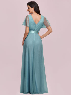 Color=Dusty Blue | Women'S V-Neck A-Line Short Sleeve Floor-Length Bridesmaid Dress-Dusty Blue 2