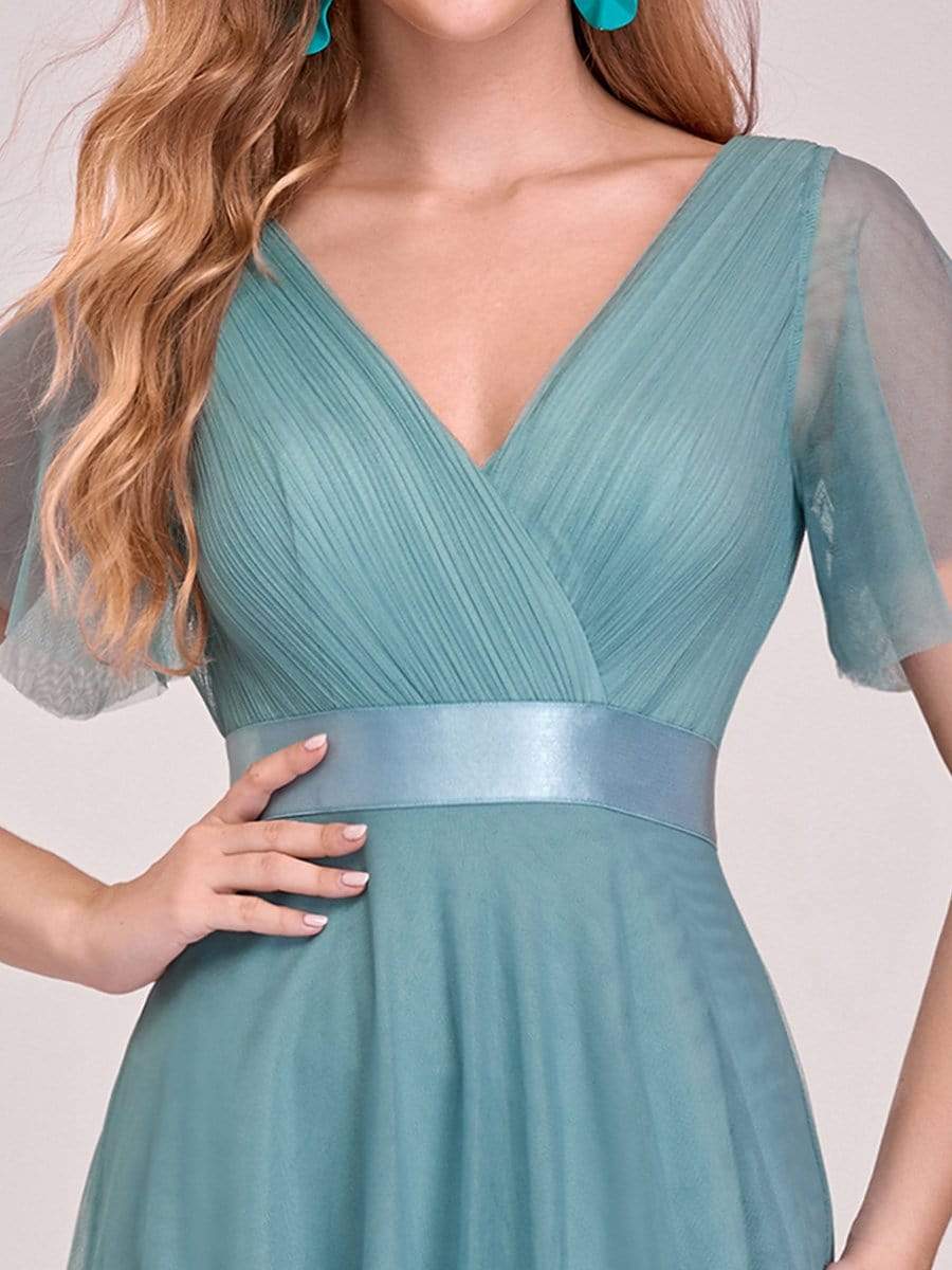 Color=Dusty Blue | Women'S V-Neck A-Line Short Sleeve Floor-Length Bridesmaid Dress-Dusty Blue 5