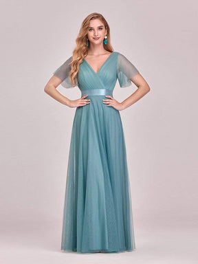 Color=Dusty Blue | Women'S V-Neck A-Line Short Sleeve Floor-Length Bridesmaid Dress-Dusty Blue 3