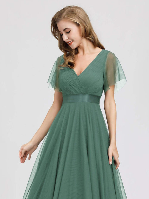 Women's Double V-Neck Short Sleeve Bridesmaid Dress