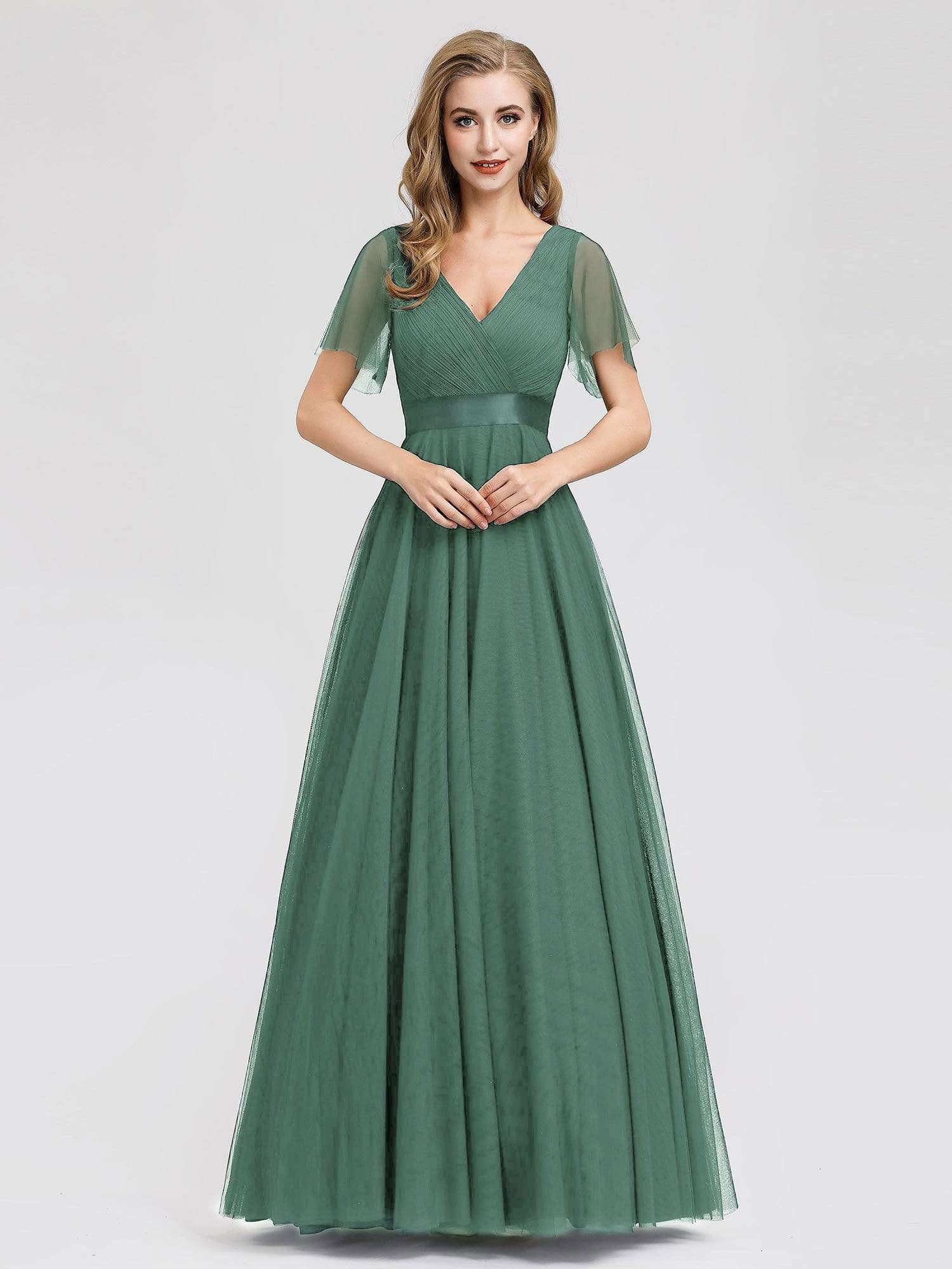 Color=Green Bean | Women'S V-Neck A-Line Short Sleeve Floor-Length Bridesmaid Dress-Green Bean 4