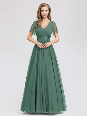 Color=Green Bean | Women'S V-Neck A-Line Short Sleeve Floor-Length Bridesmaid Dress-Green Bean 4
