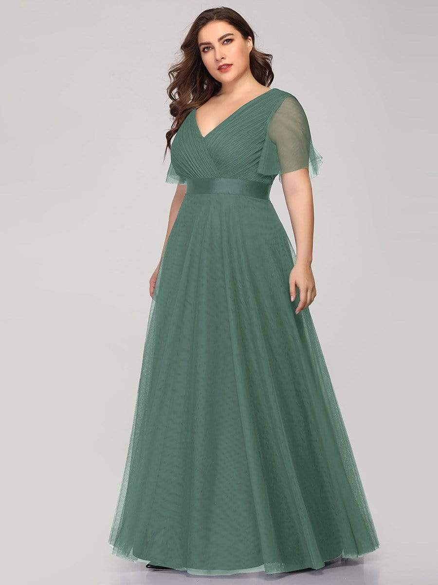 Color=Green Bean | Plus Size Women'S V-Neck A-Line Short Sleeve Floor-Length Bridesmaid Dress-Green Bean 4