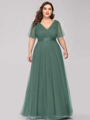 Color=Green Bean | Plus Size Women'S V-Neck A-Line Short Sleeve Floor-Length Bridesmaid Dress-Green Bean 3