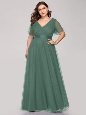 Color=Green Bean | Plus Size Women'S V-Neck A-Line Short Sleeve Floor-Length Bridesmaid Dress-Green Bean 1
