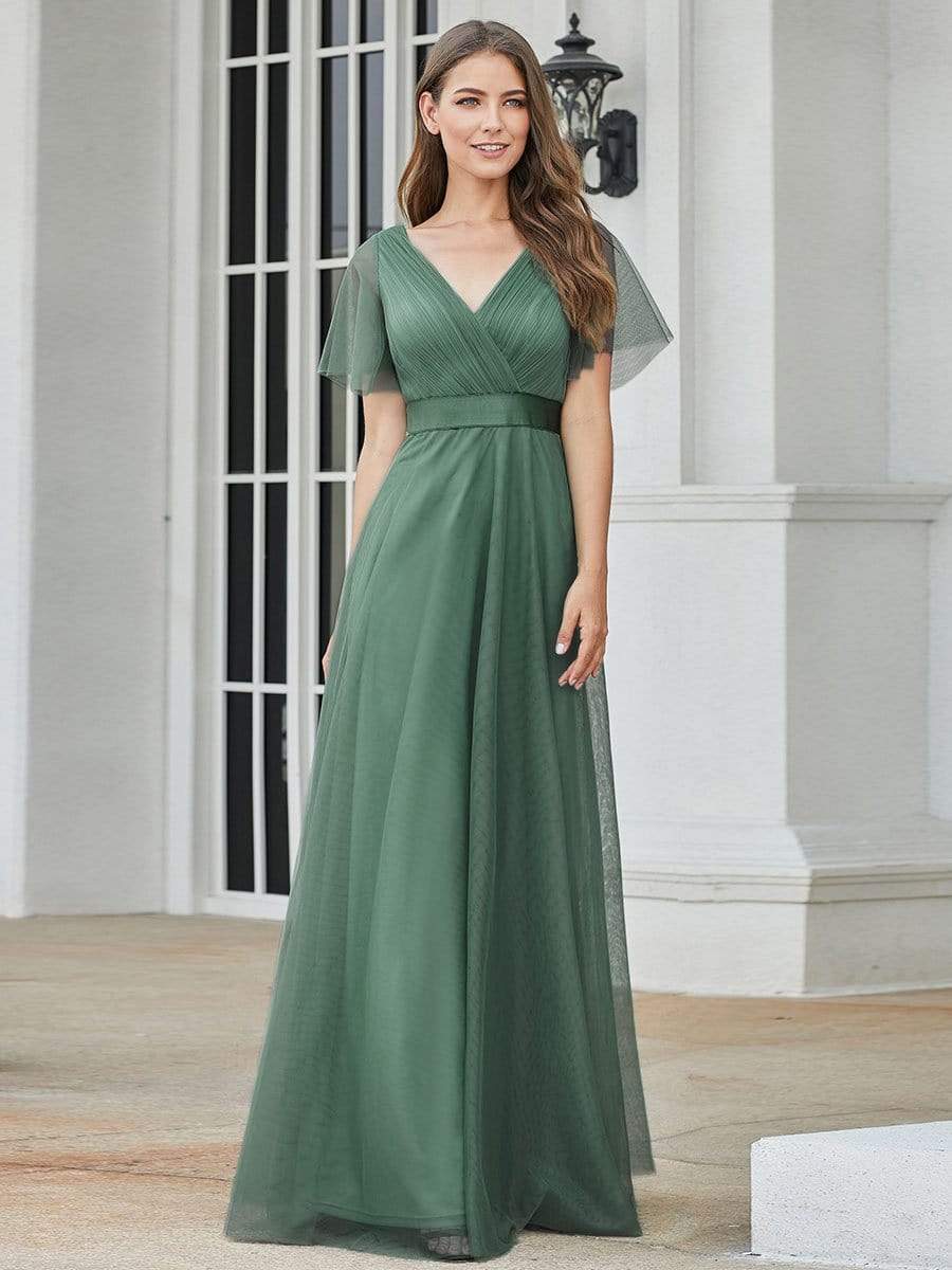 Color=Green Bean | Women'S V-Neck A-Line Short Sleeve Floor-Length Bridesmaid Dress-Green Bean 1