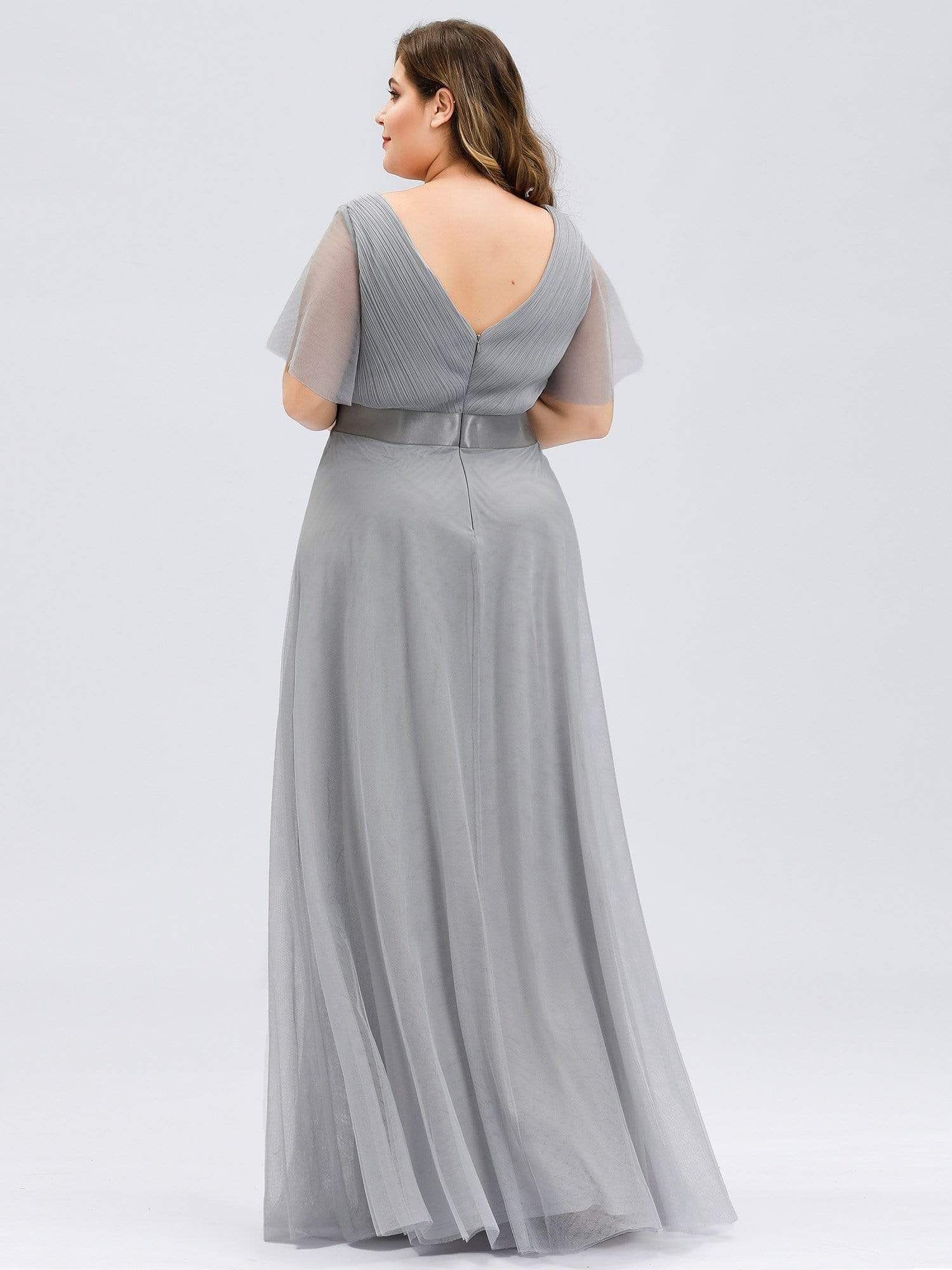 Color=Grey | Plus Size Women'S V-Neck A-Line Short Sleeve Floor-Length Bridesmaid Dress-Grey 2