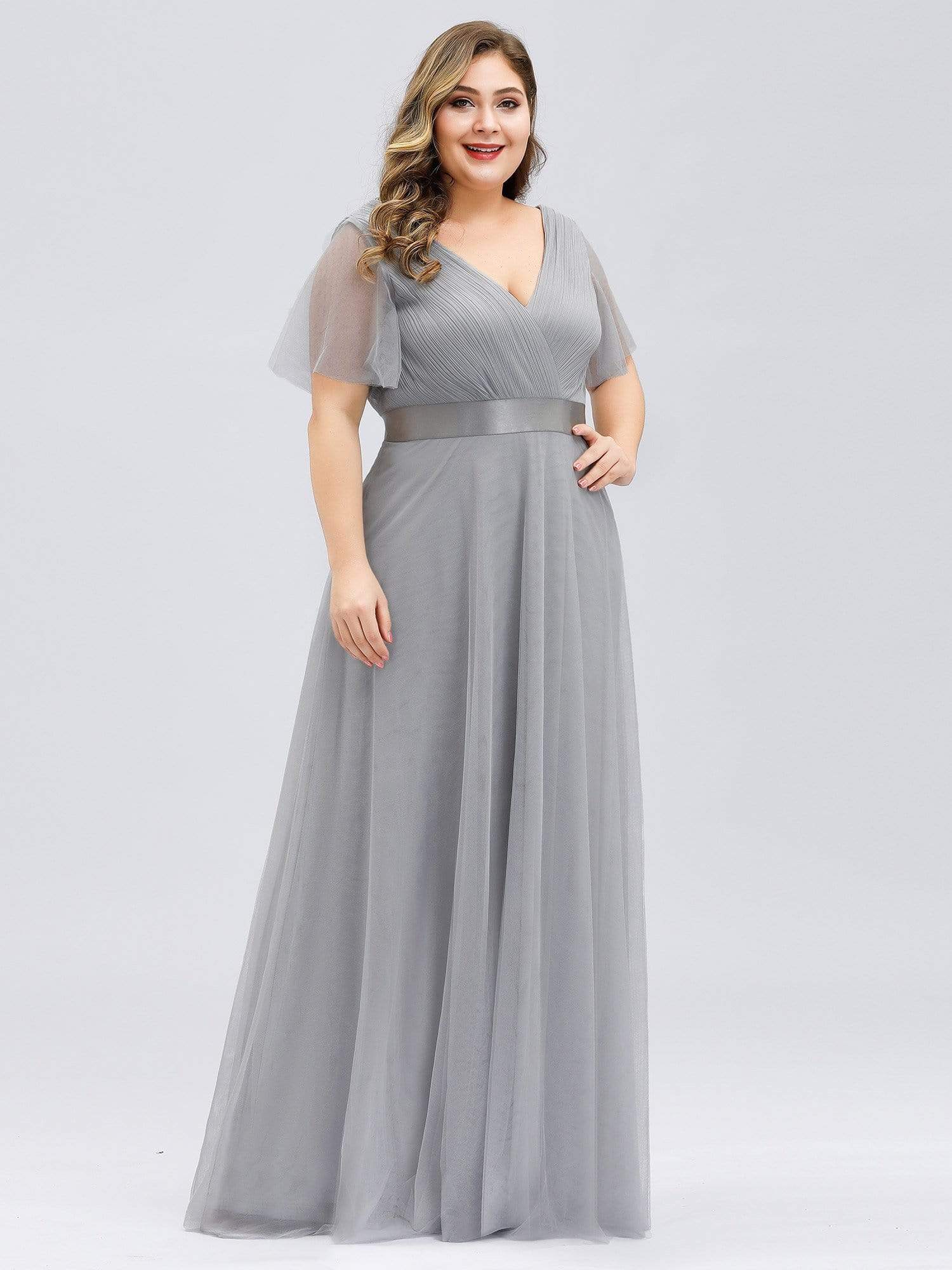 Color=Grey | Plus Size Women'S V-Neck A-Line Short Sleeve Floor-Length Bridesmaid Dress-Grey 4