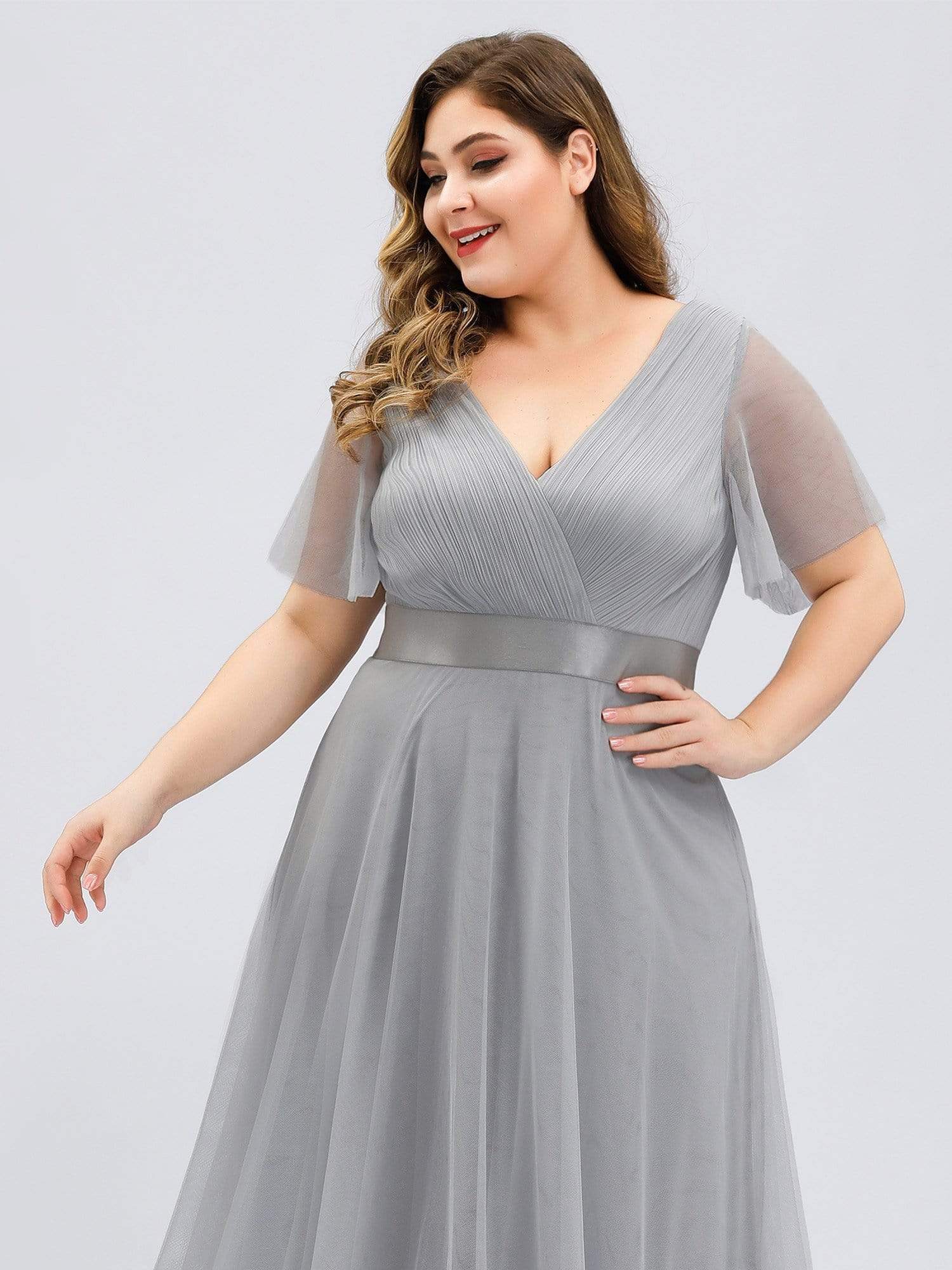 Color=Grey | Plus Size Women'S V-Neck A-Line Short Sleeve Floor-Length Bridesmaid Dress-Grey 5