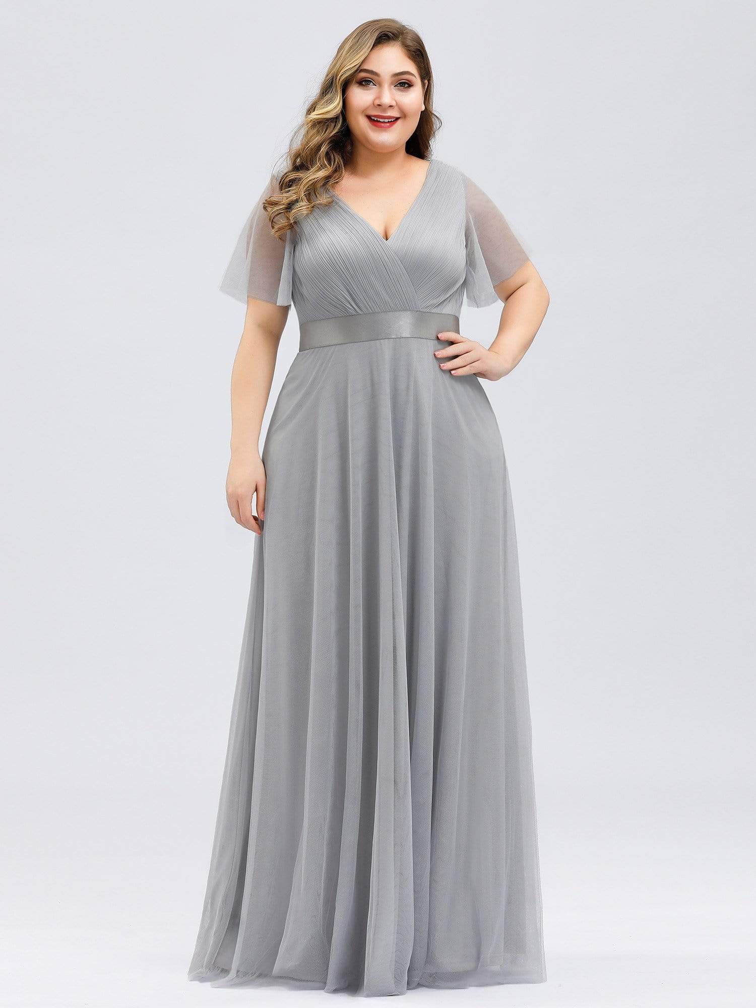 Color=Grey | Plus Size Women'S V-Neck A-Line Short Sleeve Floor-Length Bridesmaid Dress-Grey 1