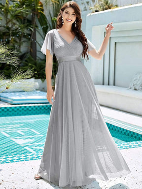 Color=Grey | Women'S V-Neck A-Line Short Sleeve Floor-Length Bridesmaid Dress-Grey 1