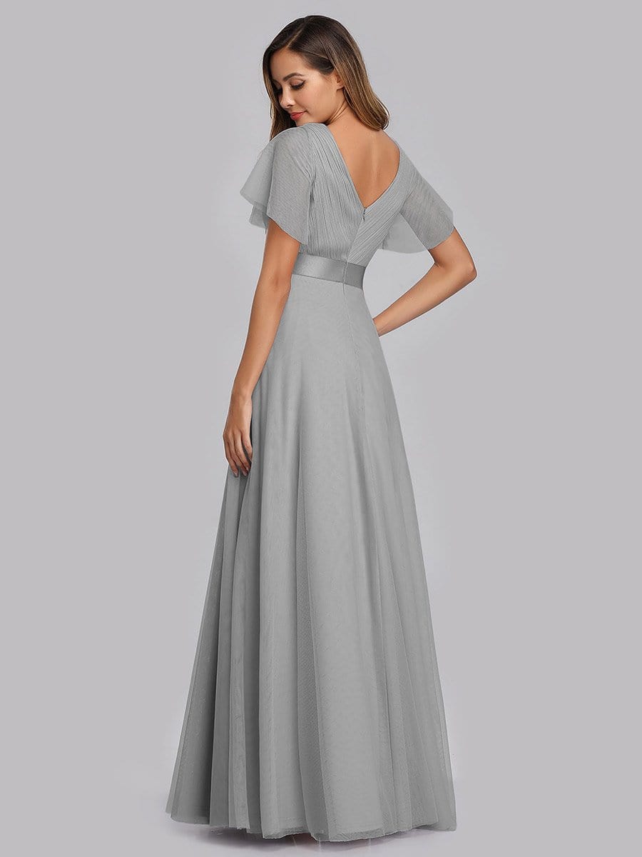 Color=Grey | Women'S V-Neck A-Line Short Sleeve Floor-Length Bridesmaid Dress-Grey 4
