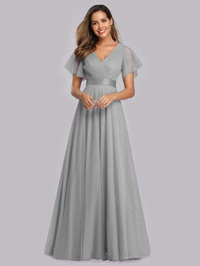 Color=Grey | Women'S V-Neck A-Line Short Sleeve Floor-Length Bridesmaid Dress-Grey 3