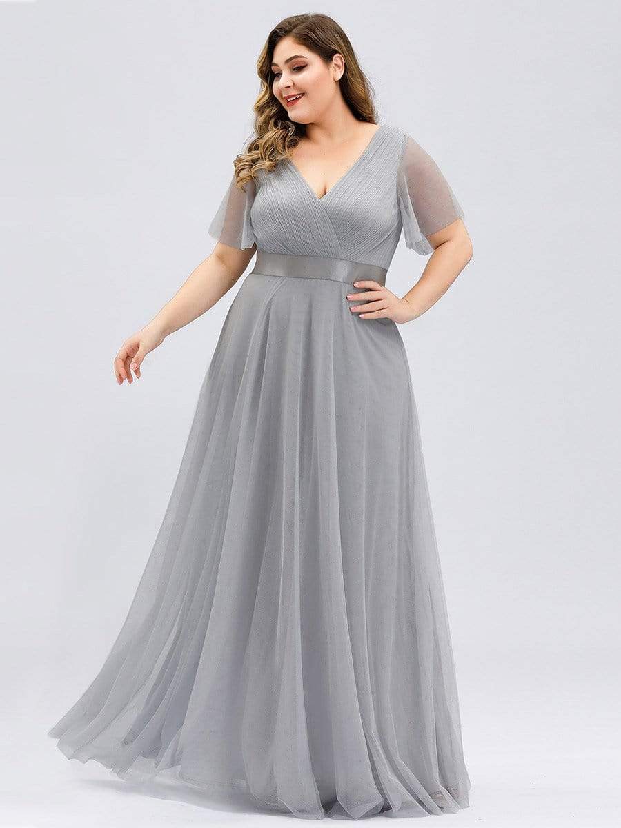 Color=Grey | Women'S V-Neck A-Line Short Sleeve Floor-Length Bridesmaid Dress-Grey 6