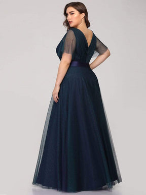 Color=Navy Blue | Plus Size Women'S V-Neck A-Line Short Sleeve Floor-Length Bridesmaid Dress-Navy Blue 2