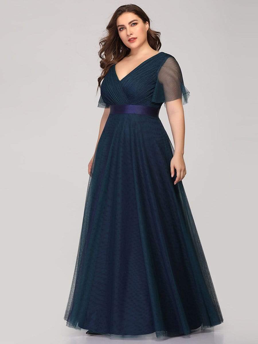 Color=Navy Blue | Plus Size Women'S V-Neck A-Line Short Sleeve Floor-Length Bridesmaid Dress-Navy Blue 5