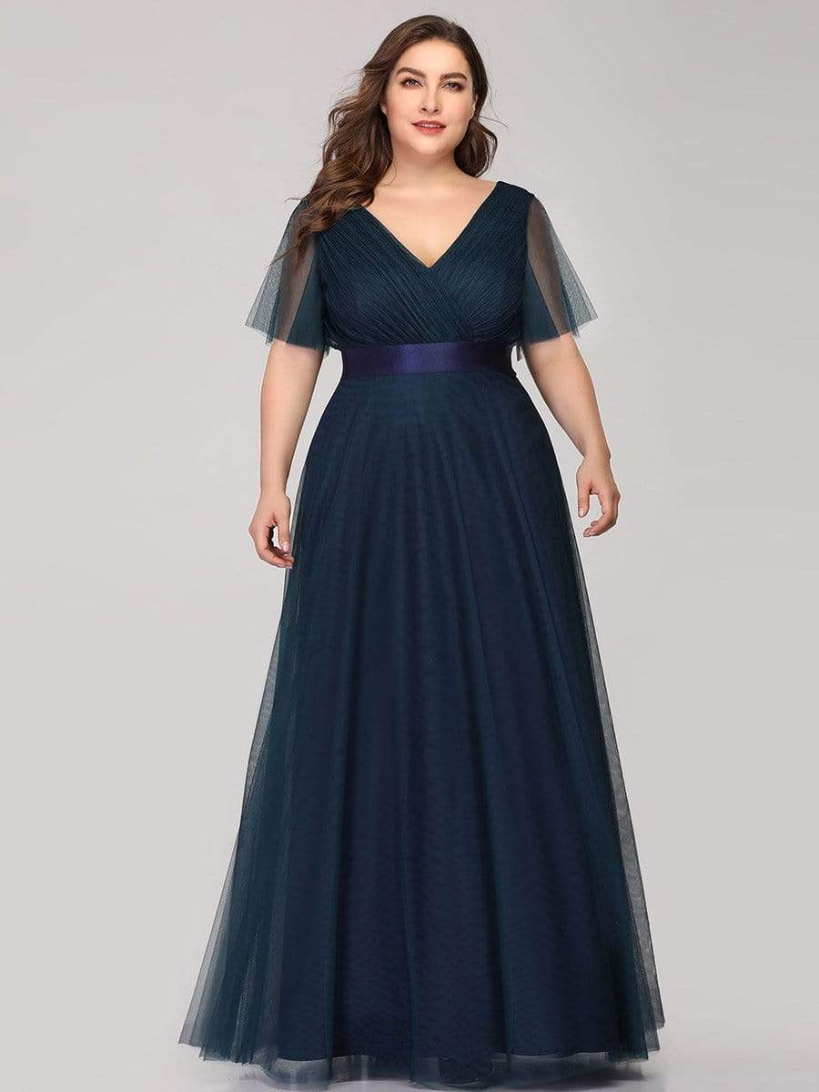 COLOR=Navy Blue | Women'S Double V-Neck Floor-Length Bridesmaid Dress With Short Sleeve-Navy Blue 4
