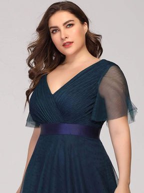 Color=Navy Blue | Plus Size Women'S V-Neck A-Line Short Sleeve Floor-Length Bridesmaid Dress-Navy Blue 3