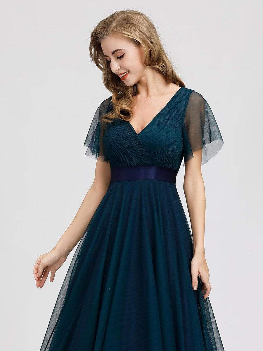 COLOR=Navy Blue | Women'S Double V-Neck Floor-Length Bridesmaid Dress With Short Sleeve-Navy Blue 3